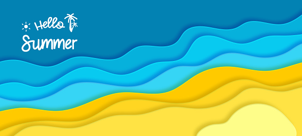 Abstract blue sea and beach summer background with paper waves and seacoast for banner, invitation, poster or web site design. Paper cut style. Vector illustration