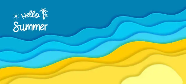 Vector illustration of Abstract blue sea and beach summer background with paper waves and seacoast for banner, invitation, poster or web site design. Paper cut style. Vector illustration