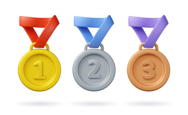 ilustraciones, imágenes clip art, dibujos animados e iconos de stock de conjunto de iconos de medallas vectoriales 3d - trophy award vector silver