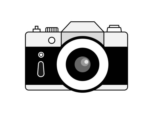 Vintage camera with outline. 35 mm retro film photo camera. Photography studio concept. DSLR big lens. Mirrorless photo device with old look. T shirt design element. Vector illustration,flat, clip art vintage funny photos stock illustrations