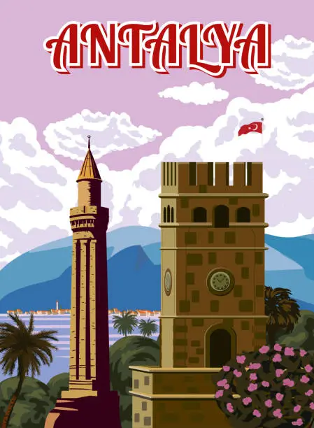 Vector illustration of Antalya retro landmark poster, Saat Kulesi Military Clock Tower, Turkey resort. Vintage touristic travel postcard, placard, vector