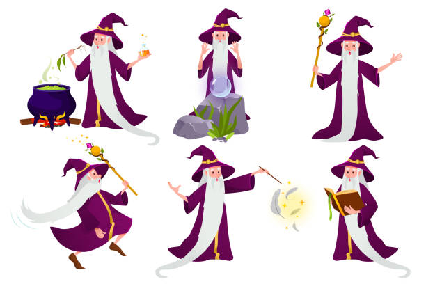 Set cartoon wizard character Cartoon wizard set. A magical character with a long gray beard and a hat in different situations and poses. The wizard conjures, brews a potion, runs, reads a magic book, greets. Vector illustration. merlin the wizard stock illustrations