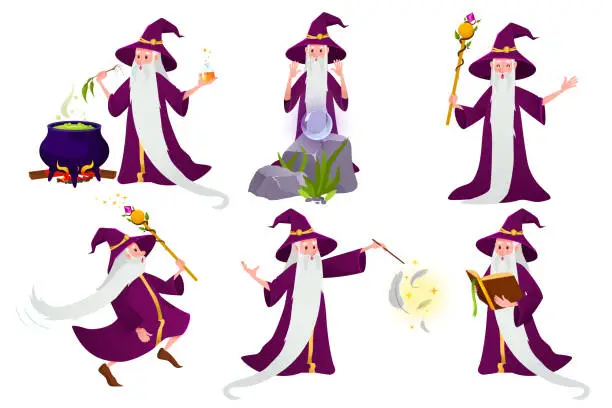 Vector illustration of Set cartoon wizard character