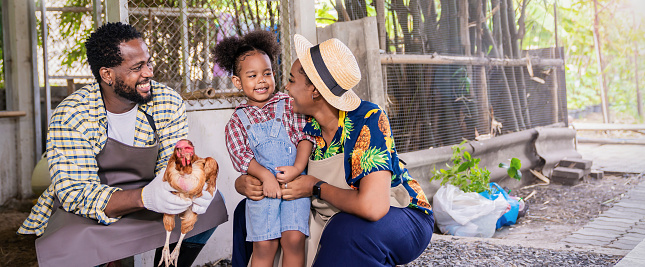 Portrait of happy sme owner black African American farmer family working in chicken barn farm, worker planting in organic farm, startup small business owner, lifestyle mother father farmer job concept