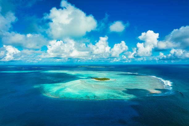 vista aerea dell'isola tropicale e della laguna poco profonda della barriera corallina - oceano indiano foto e immagini stock