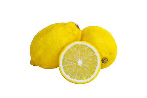 Group of fresh yellow lemon fruit isolated on white with clipping path