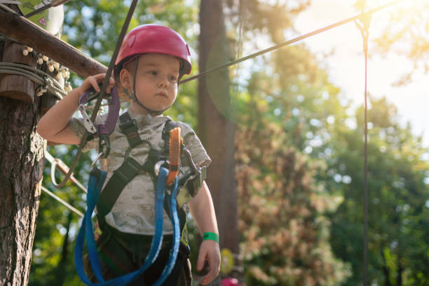 istock Cute little boy goes through an obstacle course in an adventure park at sunset 1406868934