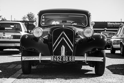 Belgrade, Serbia, March 25 2019:Exhibition of old cars in Belgrade at the fortress on Kalemegdan. A lot of people watch and love cars. Nice summer weather. in March.