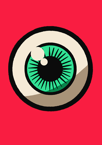 Graphic novel comic book style eyeball on red background
