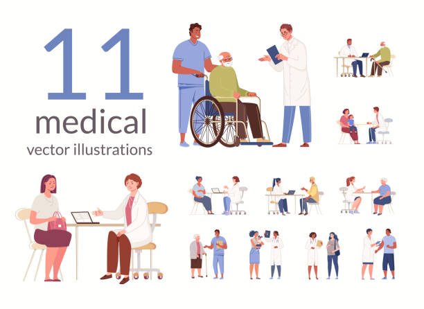 illustrazioni stock, clip art, cartoni animati e icone di tendenza di insieme di medici e pazienti. consultazione, diagnostica, trattamento di bambini e adulti. raccolta di scene di servizio medico. - ambulatorio medico