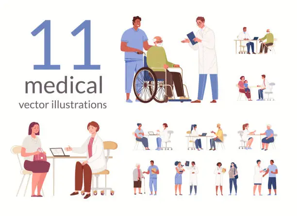 Vector illustration of Set of Doctors And Patients. Consultation, Diagnostics, Treatment of Children And Adults. Collection of Medical Service Scenes.