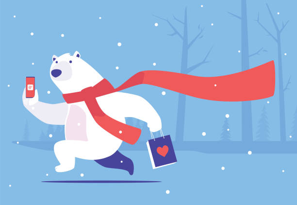 ilustraciones, imágenes clip art, dibujos animados e iconos de stock de oso polar sosteniendo el teléfono inteligente y la bolsa de compras y corriendo - winter bear