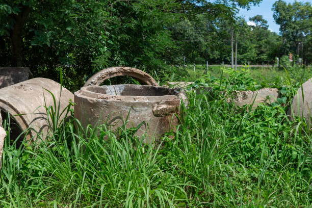 istock Old concrete pipes lying in the autumn grass. 1406873020