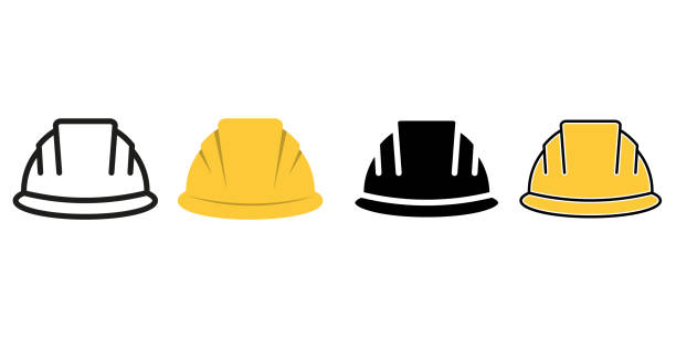 ilustraciones, imágenes clip art, dibujos animados e iconos de stock de conjunto de iconos de casco de construcción. ilustración vectorial aislada sobre fondo blanco - hard hat