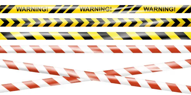 Vector illustration of Realistic under construction crossing caution tape of warning signs for construction area or crime scene. Danger tape. Police line and do not cross ribbon. Warning danger tape. Ribbons for accident