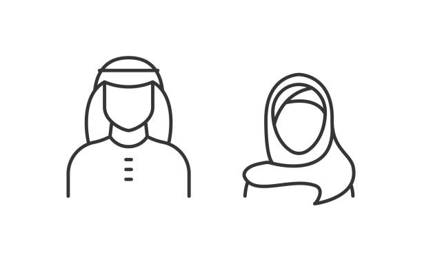 아랍 남자와 여자 라인 아이콘입니다. f aceless 사람들 아바타. 전통적인 동부 커플, 가족. 이슬람 종교. 벡터 일러스트 레이 션 - 아랍문화 stock illustrations