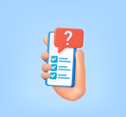 3d task management todo check list with mobile phone, form vote in phone, survey, feedback, questionnaire, mark choice in document. exam checklist 3d icon. 3d rendering. Vector illustration