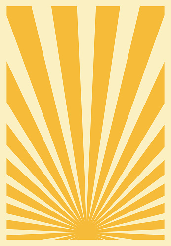 Vintage Gold Yellow And Pastel Colored Sunburst Stripes Poster With Rays Centered at the Bottom. Retro Inspired Grunge Sun Bursts Vertical Poster Template.