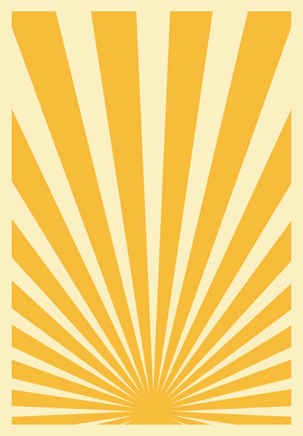 Yellow Retro Sunburst Poster Template, Vertical Artwork. Vintage Gold Yellow And Pastel Colored Sunburst Stripes Poster With Rays Centered at the Bottom. Retro Inspired Grunge Sun Bursts Vertical Poster Template. solar stock illustrations