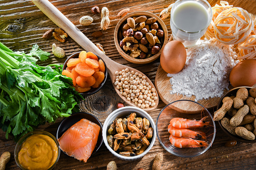 Composition with common food allergens including egg, milk, soya, nuts, fish, seafood, wheat flour, mustard, dried apricots and celery