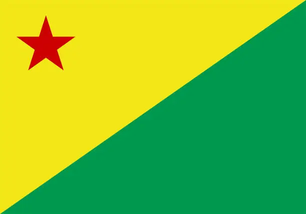 Vector illustration of Flag of Acre state (Federative Republic of Brazil) Rectangle divided by a diagonal. The top left is yellow with a red star in the corner, and the bottom right is green