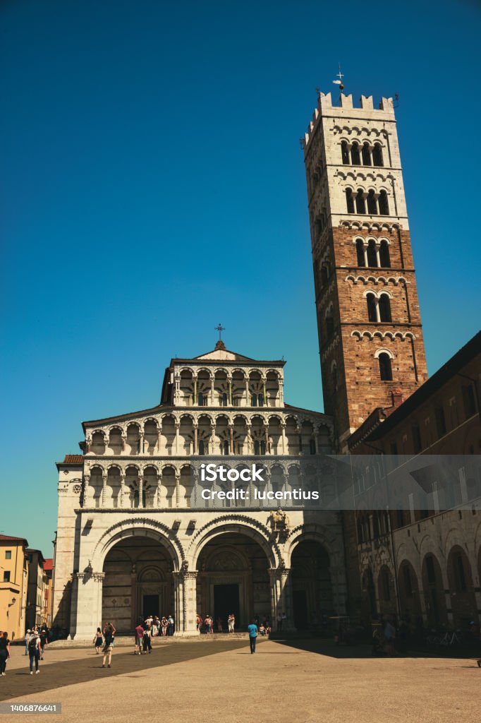 Lucca Cathedral, Lucca, Tuscany, Italy West facing aspect of St Martin Cathedral, the Duomo di San Martino, at Piazza San Martino in the city of Lucca, Tuscany, Italy. Ancient Stock Photo
