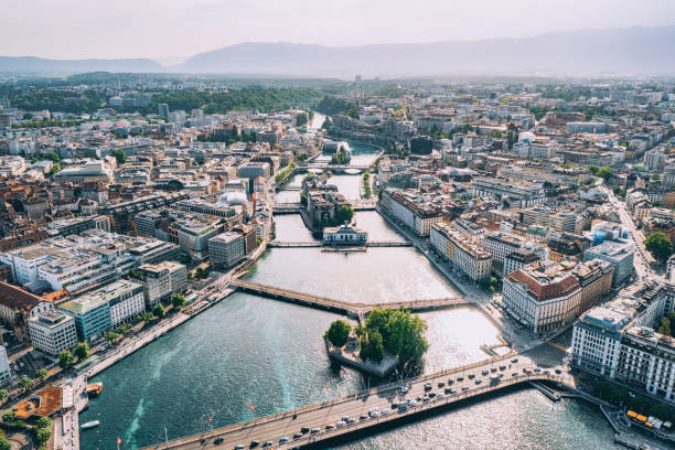 Aerial view of Geneva downtown, city in Switzerland stock photo