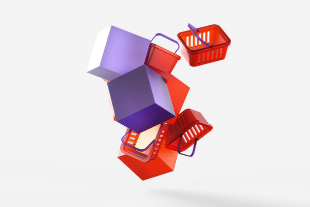 istock A pile of shopping baskets with purple boxes on a white background. 3d rendering illustration 1406877439