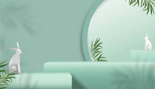 Vector illustration of Studio room background with 3D Rabbit sitting on podium display, palm leaf shadow on green jade wall,Vector illustration backdrop banner stand mockup, Minimal style for Beauty,Cosmetic,Spa product