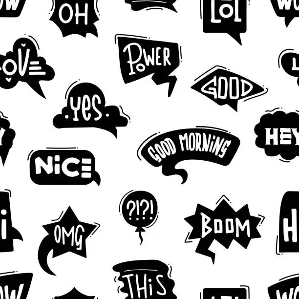 Vector illustration of Speech bubble graffiti seamless pattern. Hand drawn text messages, positive messages in bubbles. Modern trendy fashion print, unusual vector background design