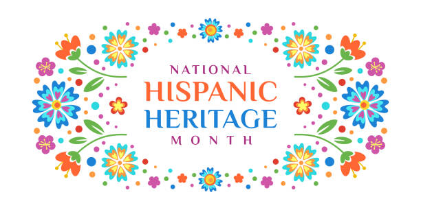 Hispanic heritage month. Vector web banner, poster, card for social media, networks. Greeting with national Hispanic heritage month text on white pattern background with floral frame. vector art illustration