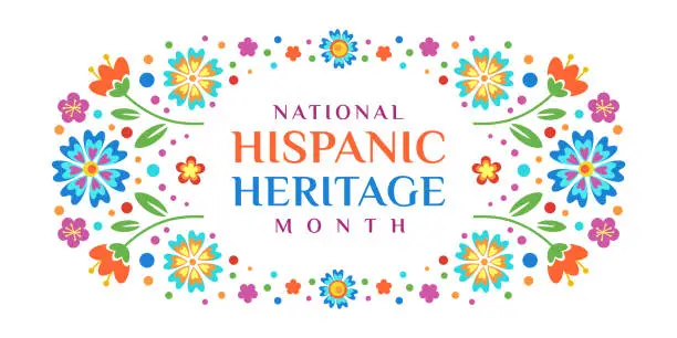 Vector illustration of Hispanic heritage month. Vector web banner, poster, card for social media, networks. Greeting with national Hispanic heritage month text on white pattern background with floral frame.
