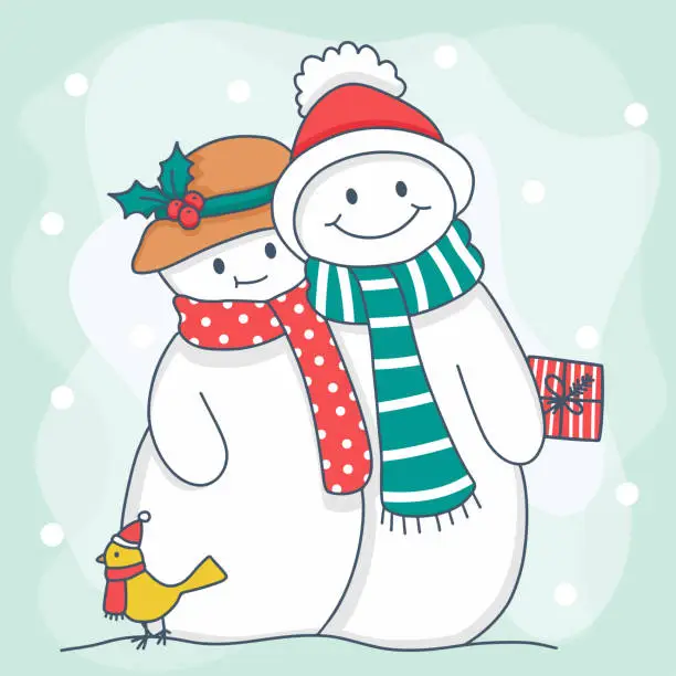 Vector illustration of snowman family with present box on merry christmas