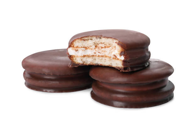 istock Delicious choco pies on white background. Classic snack cakes 1406881651