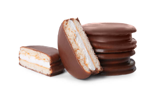istock Delicious choco pies on white background. Classic snack cakes 1406881822