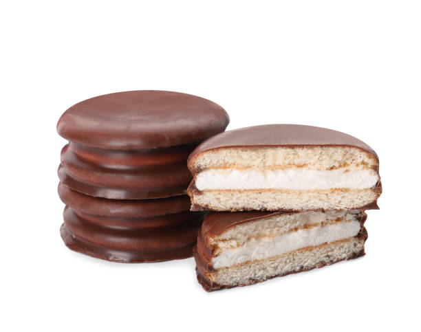 istock Delicious choco pies on white background. Classic snack cakes 1406881825
