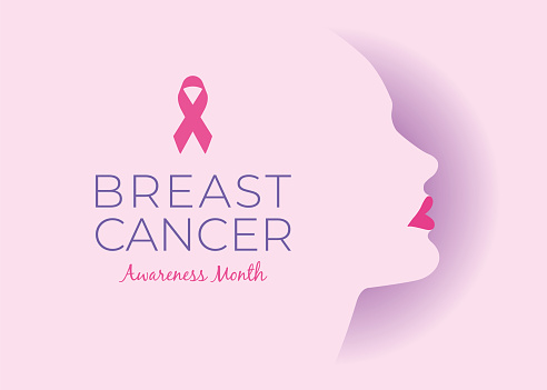 Breast Cancer Awareness Month. Banner illustration. Pink woman face silhouette with pink ribbon symbol. Stock illustration