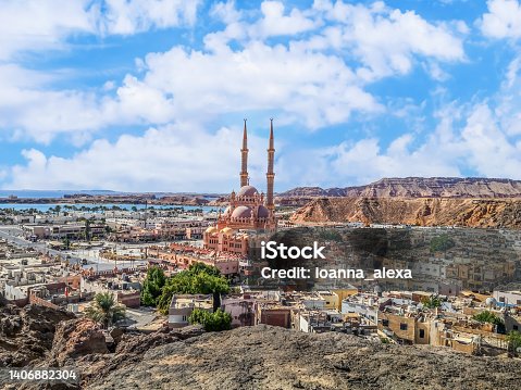 istock View from the mountain to the old city of Sharm El Sheikh in the valley with the Red Sea on the horizon, Egypt 1406882304
