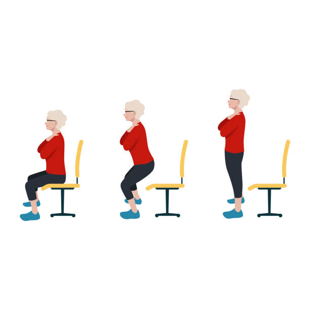 ilustraciones, imágenes clip art, dibujos animados e iconos de stock de la anciana se sienta a hacer ejercicio de pie. una vez de pie, levanta la cabeza para que estés mirando hacia adelante y tira de los hombros hacia abajo y hacia atrás. baja lentamente para volver a sentarte. - agacharse ilustraciones