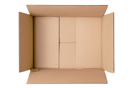 An open cardboard box. View from above. Isolated on a white background