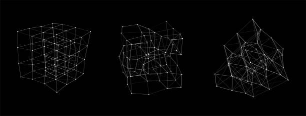 ilustrações de stock, clip art, desenhos animados e ícones de set of deformed wireframe cube from different sides. vector abstract geometric 3d objects. technology block chain network connection. - ao lado