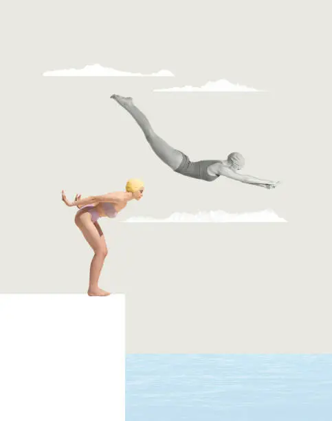 Photo of Contemporary art collage. Two woman in swimming suits diving into sea from starting block. Summertime holiday