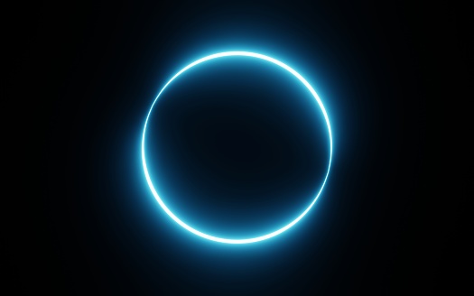 Round circle picture frame with blue tone neon color shade motion graphic on isolated black background. Blue and pink light moving for overlay element. 3D illustration rendering. Empty space in middle