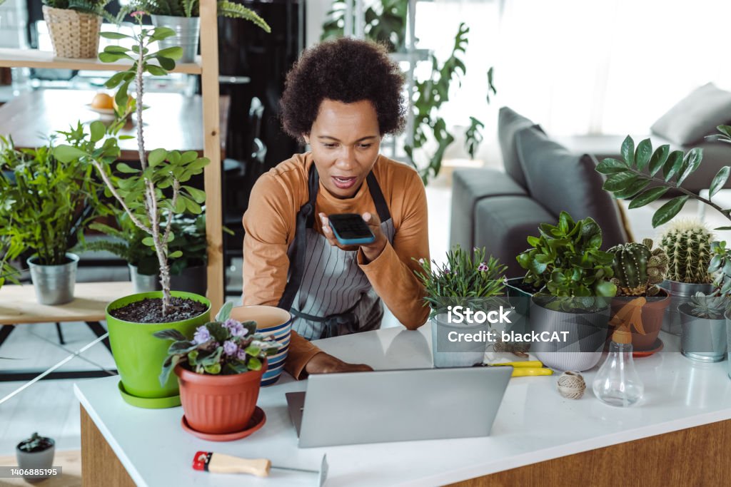 Woman provides advice on gardening Woman using a laptop and talking on the phone with someone. She enjoys her gardening hobby African-American Ethnicity Stock Photo