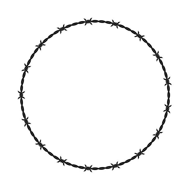 vektordarstellung eines stacheldrahtkreises, der auf weißem hintergrund isoliert ist. kreisförmiger rahmen aus verdrehtem stacheldraht. sicherheitszaun-schild. - barbed wire wire war prison stock-grafiken, -clipart, -cartoons und -symbole