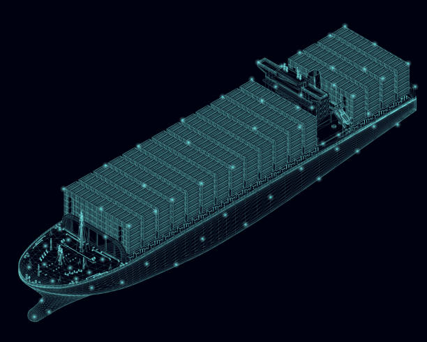 暗い背景に孤立した青い線で作られた多くのコンテナを備えた船のワイヤーフレーム。アイソメ図図。3d. ベ��クターイラストレーション。 - seascape点のイラスト素材／クリップアート素材／マンガ素材／アイコン素材