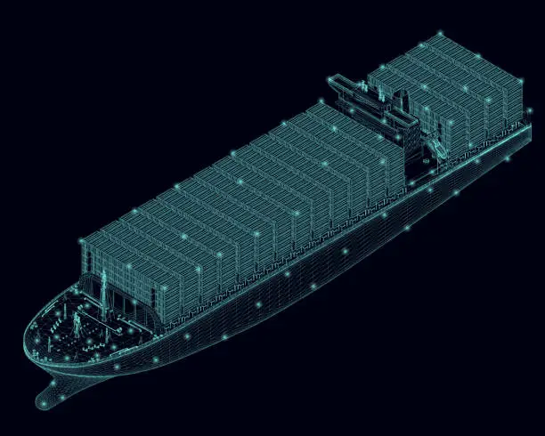 Vector illustration of Ship wireframe with many containers made of blue lines isolated on a dark background. Isometric view. 3D. Vector illustration.
