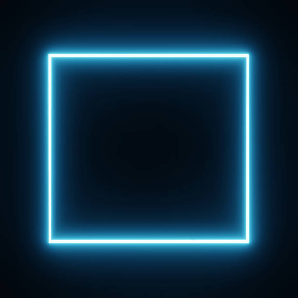Square rectangle picture frame with blue tone neon color motion graphic on isolated black background. Blue light moving for overlay element. 3D illustration rendering. Empty copy space middle