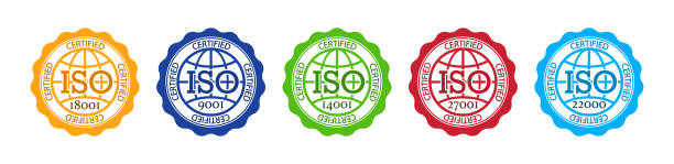 illustrazioni stock, clip art, cartoni animati e icone di tendenza di icone iso. timbri di certificazione, standard e accreditato. certificato di qualità del badge 9001. sigilli dell'organizzazione internazionale di standardizzazione. marchio di 22000, 14001, 18001 e 27001. vettore - quartermaster