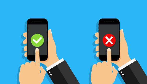 ilustrações de stock, clip art, desenhos animados e ícones de cross or tick in smartphone. phone in hand with button of wrong or right vote. icons for app in mobile phone. survey on cellphone screen. marks for yes, delete. signs for payment transaction. vector - 2271